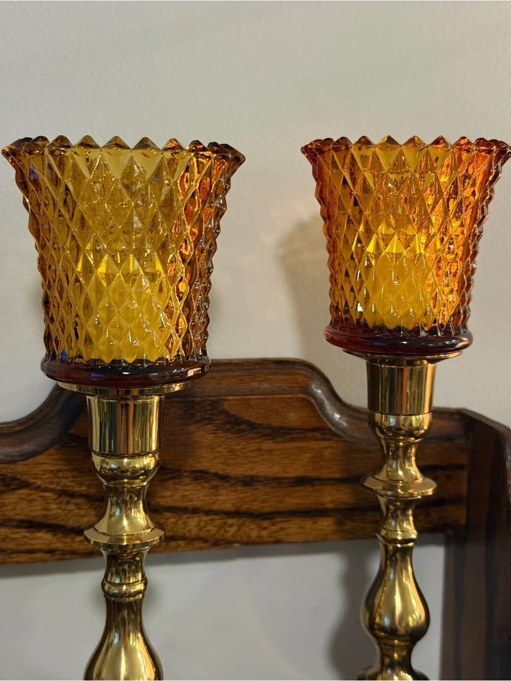 Homco Amber Diamond-Pattern Glass Candle Shades - Pair